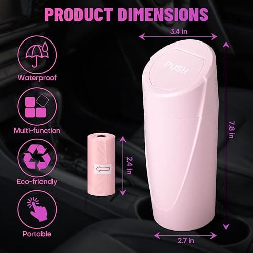 SGLRT Pink Mini Leakproof Vehicle Trash Bin with Lid - Garbage Can for Car Cup Holder - 20pcs Trash Bags - Car Organizers and Storage for Front Back Seat Accessories thumbnail 6