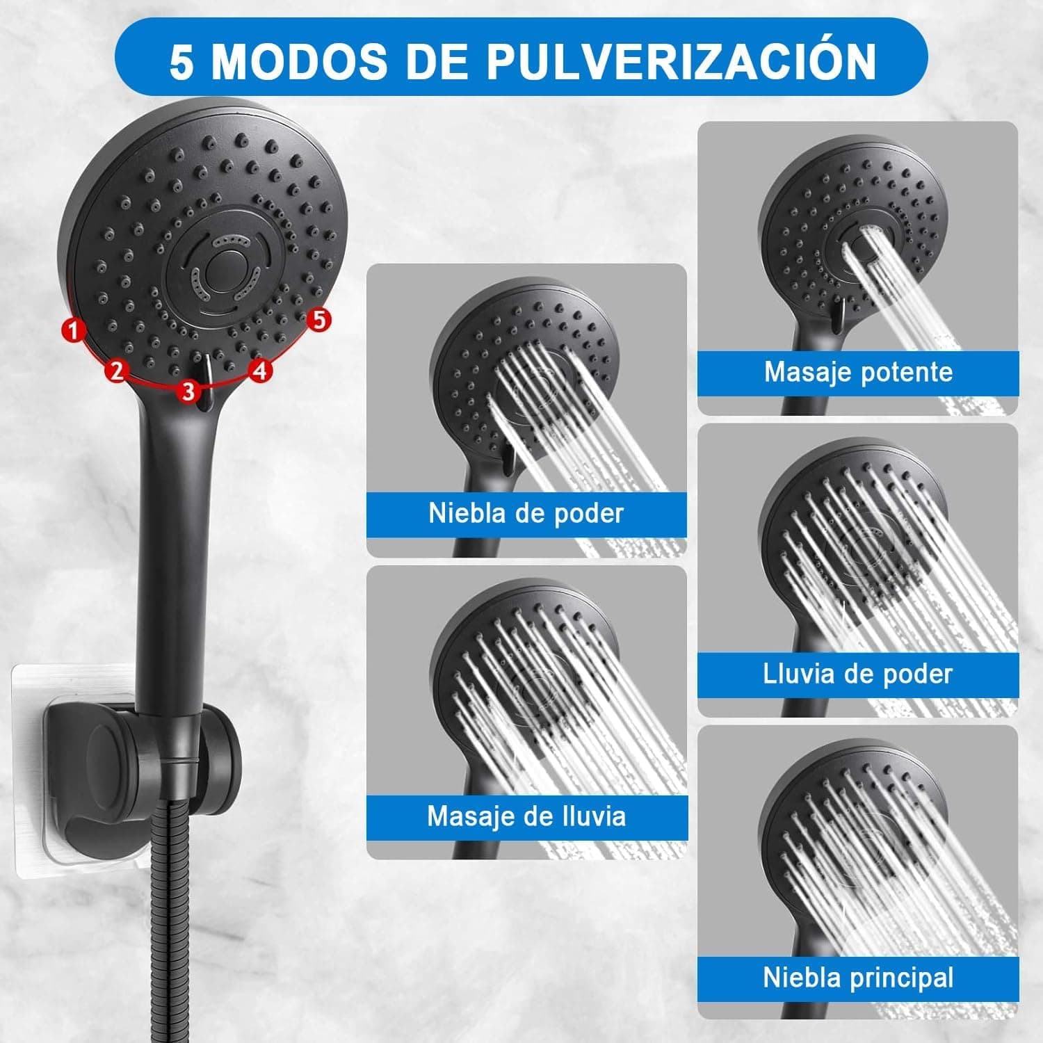 Regaderas para Baño de Lluvia de Alta Presión de 8 "/ ducha de 5 Modos Rociado mano, con brazo de extensión de 11 '', cabezal de ducha ajustable con soporte, manguera de 1,5 m (Negro) thumbnail 3