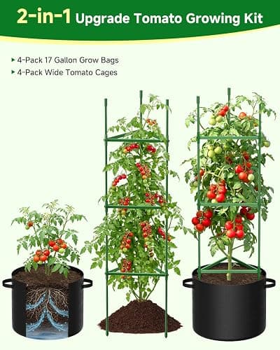 MQJIAZHI 4 Pack Tomato Cages, Triangle Tomato Trellis with 17 Gallon Grow Bags, Tomato Plant Support Stakes for Garden Climbing Vegetables Flowers Fruits thumbnail 3