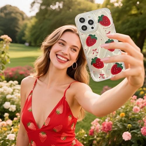Tewwsdi Cute Glitter Strawberry Phone Case with Charm for iPhone 15,Kawaii Red Bow Polka Dot Design Aesthetic Fruit Summer Phone Girly Women，Never Fade ，1.5mm Raised Edges Protect(with Charm,6.1”) thumbnail 4