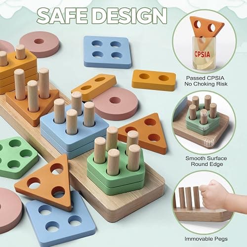 PEBIRA Montessori Toys for 1 2 Year Old, Wooden Sorting and Stacking Toys for Toddlers, Baby Shape Sorter and Color Stacker Blocks for Toddler, Preschool Learning Toy, Gift for 12-18 Month Boys Girls thumbnail 3