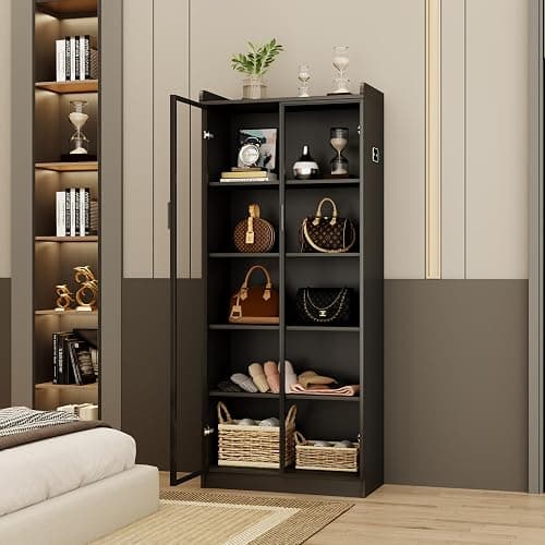 Dystler Display Cabinet with Doors and Adjustable Shelves, 65" Tall Bookcase with LED Lights/Human Sensor, 5 Tier Display Case for Collectibles Bedroom Living Room Office, Black thumbnail 7