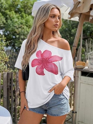 Trendy Queen Womens Off the Shoulder Tops Oversized Summer Spring T-Shirts 2026 thumbnail 2