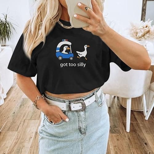 Migxsaf Got Too Silly Goose T Shirt Funny Cute Shirts for Women Ducks Car Printed Graphic Tees Short Sleeve Summer thumbnail 5