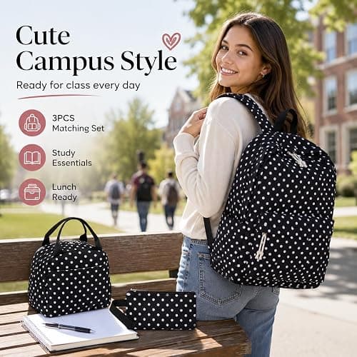 Bluboon Teen Girls School Backpack Kids Bookbag Set with Lunch Box Pencil Case Travel Laptop Backpack Casual Daypacks (Black Polka Dots) thumbnail 3