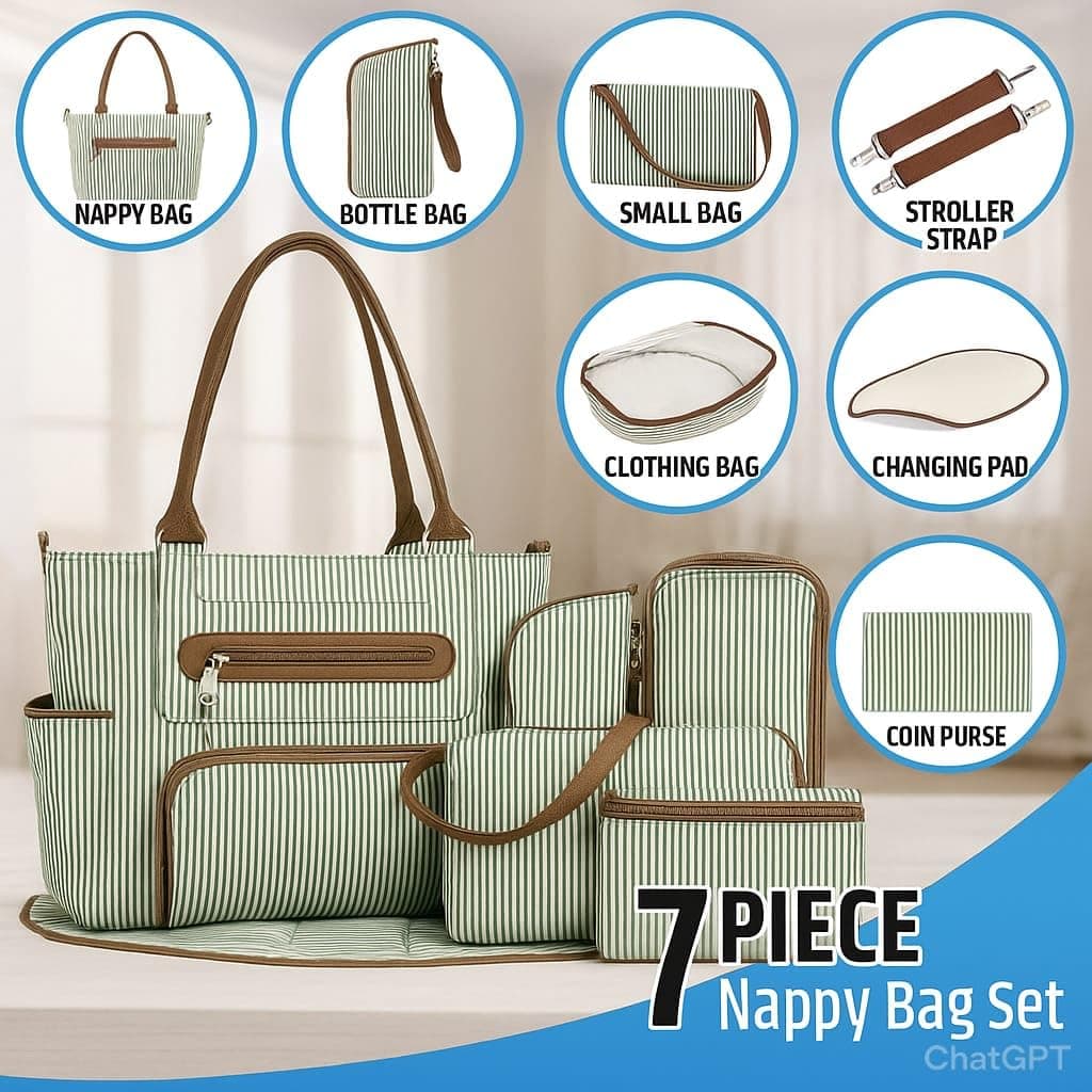 Nappy Bag - Diaper Bag Set - Tote Bag- Comes with BottleBag, SmallBag, Stroller Strap, Clothing Bag, Changing Pad, Coin Purse - Multifunctional Wide Open Style for Easy Access - Water Resistant thumbnail 2