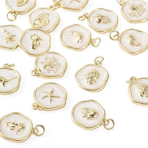 Cheriswelry 16Pcs 18K Gold Plated Sea Animal Charms Flat Round Enamel Alloy Pendants Ocean Summer Beach Craft Charms 17.5x15mm for DIY Bracelet Necklace Earring Jewelry Making thumbnail 8