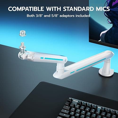 ARES WING Aluminum Low Profile Mic Arm with 4.4 lbs Load Capacity, Adjustable Microphone Boom Arm with 3/8” to 5/8” Screw Adapter, Desk Mount Mic Stand for Gaming Streaming Podcasting, White thumbnail 5