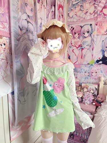 Womens Y2K Kawaii Print Sweatshirt Off Shoulder Lace Patchwork Tops Cute Japanese Graphic Casual T-Shirt thumbnail 4