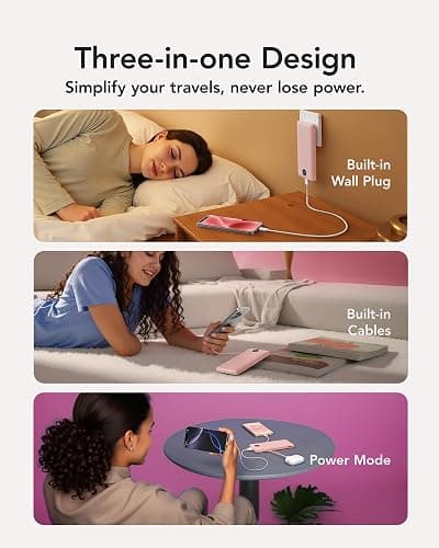 VRURC 22.5W Portable Charger 10000mAh Fast Charging with Built-in AC Plug | powe bank battery pack, travel essentials for women,USB C cable, Ultra Slim,pocket size Pink thumbnail 4