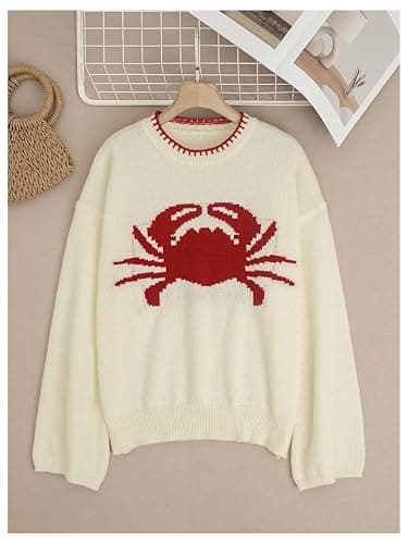 Verdusa Women's Crab Print Oversized Sweaters Y2K Drop Shoulder Pullover Knit Tops thumbnail 6
