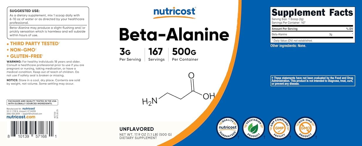 Nutricost Beta Alanine Powder 500 Grams (1.1lbs) - Pure Beta Alanine, Gluten Free & Non-GMO thumbnail 7