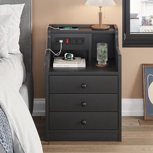 ADORNEVE Black Nightstand with Charging Station & Drawers | Night Stand for Bedroom,End Table with Hutch & 3 Storage Drawers - Image 1