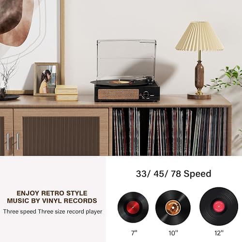 Record Player for Vinyl with 2 Build-in Speakers LP Vinyl Players Belt-Driven Vintage Turntables 3 Speed 3 Size, Wireless Bluetooth Playback, AUX-in, RCA Out, Headphone, Auto Stop thumbnail 4