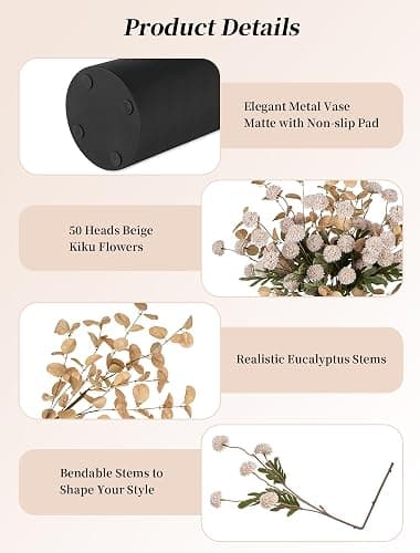 BLOSMON Dining Table Centerpiece Decor: Metal Vase with 12 Stems of Fake Mums Kiku Flower Eucalyptuses for Home - Beige Artificial Pom Poms Faux Floral Arrangements in Vase for Living Room thumbnail 7