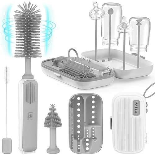 Yasew Electric Bottle Brush Cleaner, Baby Bottle Brush Travel Set, 360° Efficient Cleaning, 2000 mAh Battery, Travel Bottle Brush Set with Drainage Rack and Storage Box, Baby Travel Essential Grey - A-travel-grey