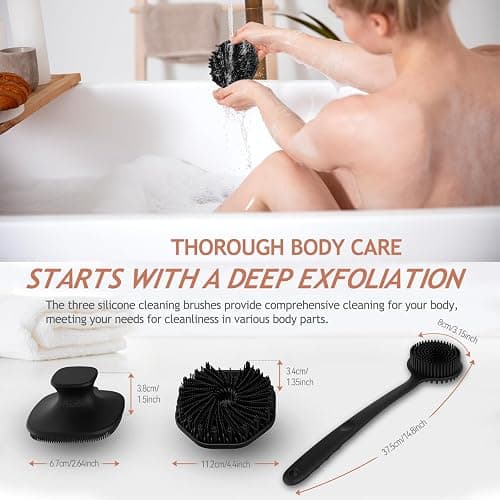 3 PCS Silicone Bath Brush Set,Back Scrubber & Body Brush & Face Brush Set, Super-Exfoliating & Lathering Body Scrubber, Shower Brush, Face Scrubber Combination for HomeBathroom Hotel Travel.(Black) thumbnail 2