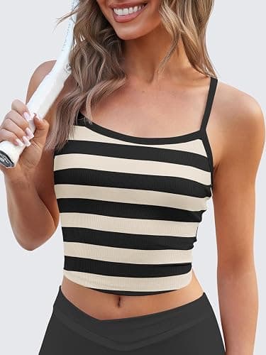 Fisoew Womens Striped Crop Sleeveless Tank Tops Scoop Neck Crossed V Racerback Cami Workout Yoga Athletic Sports Tops thumbnail 6