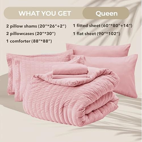 HYMOKEGE Pink Queen Comforter Set Seersucker 7 Pieces, All Season Luxury Bed in a Bag for Bedroom, Bedding Set with Comforters, Sheets, Pillowcases & Shams thumbnail 5