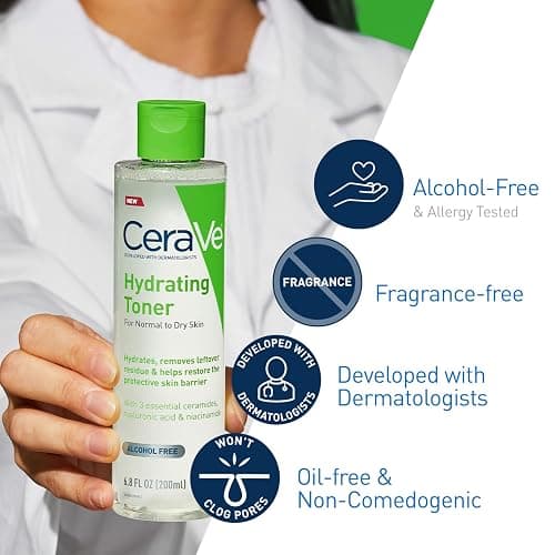 CeraVe Hydrating Toner for Face Non-Alcoholic with Hyaluronic Acid, Niacinamide, and Ceramides for Sensitive Dry Skin, Fragrance-Free Non Comedogenic, Full Size, 6.8 Fl Oz thumbnail 5