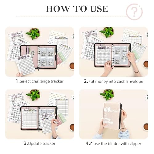Ospelelf Money Saving Binder Savings Challenge Book with 100 Envelopes Zipper Closure Leather 52 Weeks Budget Planner to Save $10000 $5050 Gold-Flecked Off-White thumbnail 5