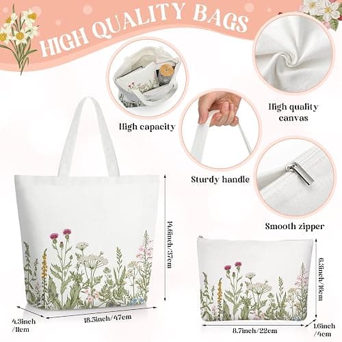 FoldTier 3 Pcs Plant Lover Gifts Spring Aesthetic Valentines Gifts for Women Mom Grandma, Floral Canvas Tote Bag, 16 oz Coffee Cup with Straw Lid, Makeup Bag for Baby Shower, Wedding(White,Flower) thumbnail 3