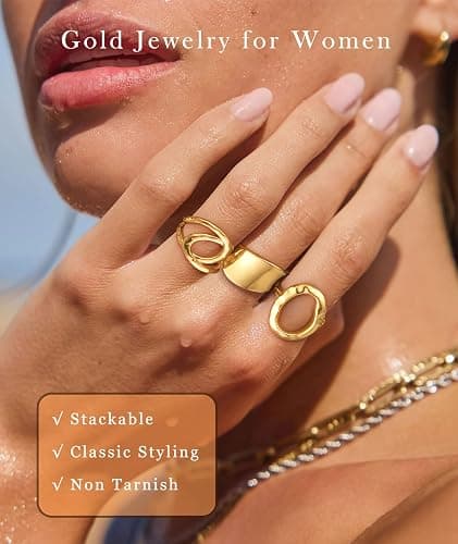 ZOERAY Chunky Gold Rings for Women Non Tarnish Trendy 14k Gold Plated Adjustable Signet Band Stackable Thumb Ring Set Open Twist Dome Statement Stacking Rings Jewelry Gifts for Women Size 5-10 thumbnail 4