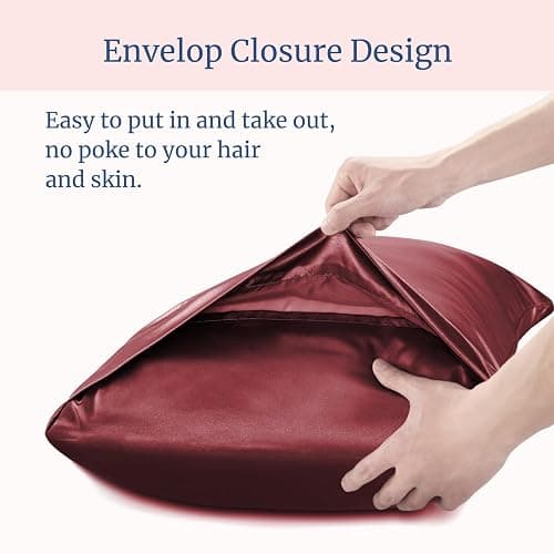 BEDELITE Satin Pillowcase for Hair and Skin, Super Soft and Cooling Similar to Silk Pillow Cases 2 Pack with Envelope Closure, Gift for Women Men(20"x26" Standard Size, Burgundy) thumbnail 7