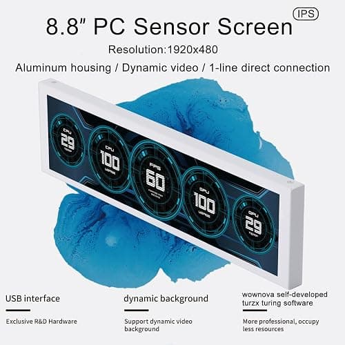 WOWNOVA 8.8" Computer Temp Monitor (Dynamic Theme Supported), 1 Click 1 Cable to Get Started Quickly PC Temperature Display Sensor Panel IPS Mini Secondary Screen CPU RAM HDD Data FPS Monitor (Black) thumbnail 2