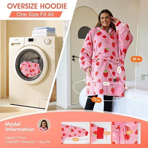 Cootway Heated Wearable Blanket Hoodie, 3 Heat Level Oversized Strawberry Blanket Hoodie for Women Without Battery Pack, Cozy Warm Sweatshirt Blanket, USB Heating Hooded Blanket w/Sleeves&Giant Pocket thumbnail 6