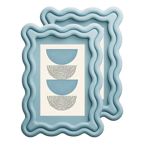 iRahmen 4x6 Wavy Picture Frame Set of 2 - Scalloped Frame Display Picture 3.5x5 with Mat or 4 x 6 Without Mat, Blue Photo Frame with Tempered Glass for Tabletop Display and Wall Mount - Image 1