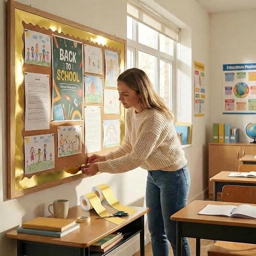 ONLOVO 65 Feet Gold Bulletin Board Borders, Scalloped Border Trim, Rolled Classroom Borders for Bulletin Board, White Board, Cork Board, Locker, and Classroom Décor Burlap Scalloped Border Trim thumbnail 4