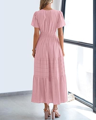 BTFBM Womens Summer 2026 Casual Midi Maxi Dresses Lightweight Short Sleeve V Neck Elastic Waist Boho Beach Dress Pockets thumbnail 3