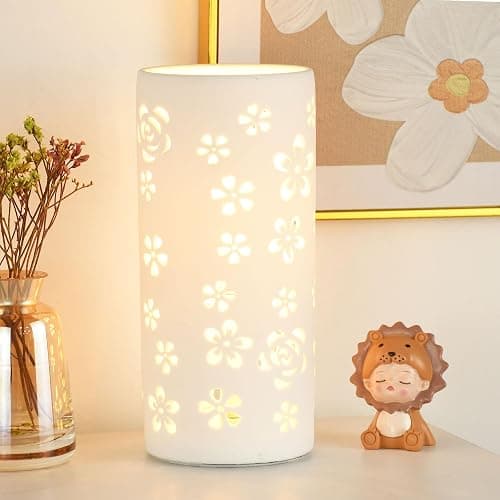 Lampwell Dana White Modern Ceramic Flower Carving Table Lamp for Living Room & Bedroom,Kids Night Ceramic Table Lamp,Φ3.54×H7.87IN,Bulb Excluded thumbnail 3