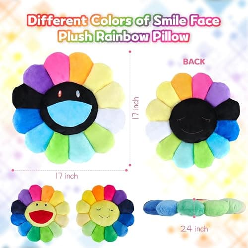 SNEPOO Smile Face Plush Rainbow Pillow, Sunflower Indie Decor Plush Pillow Soft & Comfortable Flower Floor Pillow for Home Reading Bed Room Decoration (40CM, Black and White) thumbnail 2