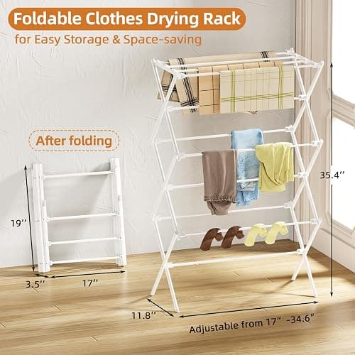 FILROUG Drying Rack Clothing, 3-Tier Clothes Drying Rack Foldable, Antirust Laundry Drying Rack Collapsible Use for Indoor & Outdoor, 11.8" D x 34.6" W x 35.4" H, White thumbnail 3