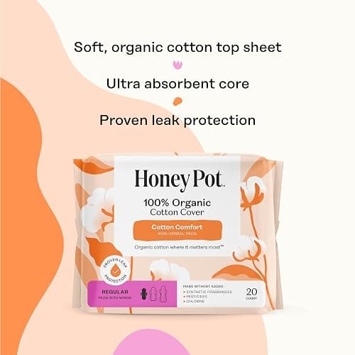 The Honey Pot Company - Sanitary Pads for Women - Non-Herbal Regular Flow w/Wings - Organic Cotton Cover & Ultra-Absorbent Pulp Core - Feminine Care - FSA & HSA Eligible - 20 ct - 20 Count (Pack of 1) - Non-Herbal Regular Flow thumbnail 4