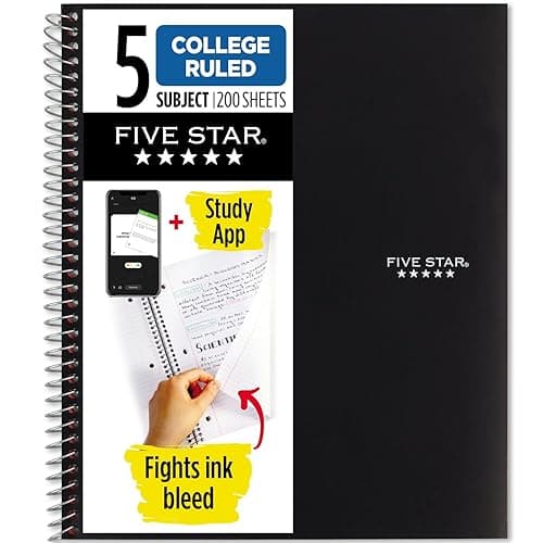 Five Star Spiral Notebook + Study App, 5 Subject, College Ruled Paper, Fights Ink Bleed, Water Resistant Cover, 8-1/2" x 11", 200 Sheets, Black (72081) - Black