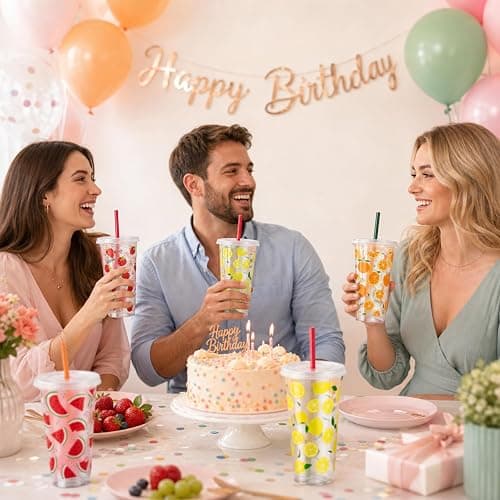 Chuangdi 12 Set 12 Set 24 oz Fruit Reusable Drinking Cups with Lids, Straws | Summer Party Favors Cups, Fruit Plastic Tumblers for Beach Pool Party, Tropical Luau, BBQ, Picnic, Family Gatherings thumbnail 6
