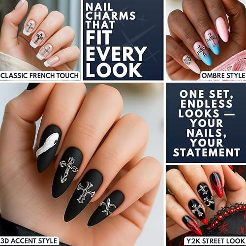 120 Pcs Silver Cross Nail Charms, 3D Acrylic, for Press-On & Gel | Silver Nail Charms in 8 Gothic Styles; Curved Back for Secure Fit; for Acrylic Nails; for Y2K & Punk Manicure, DIY Jewelry thumbnail 8