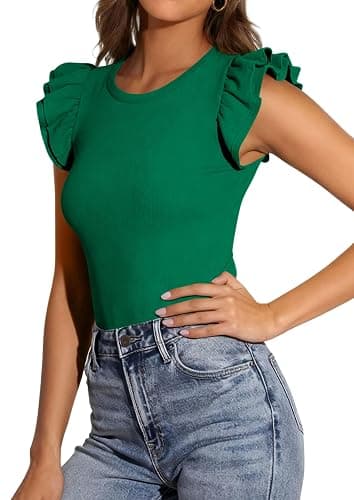 PRETTYGARDEN Womens Summer Crew Neck T Shirts 2026 Trendy Ruffle Sleeve Slim Fit Knit Going Out Tops Casual Spring Clothes thumbnail 4
