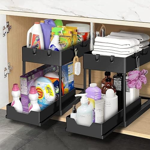 Bnimtm 2 Pack Under Sink Storage Kitchen Organiser - Sliding Drawer Pull Out Under Sink Organiser with Hooks Cup for Kitchen Bathroom - Image 1
