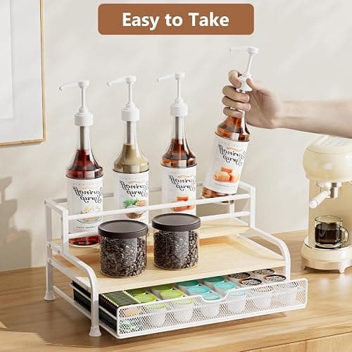 PONEYA Coffee Syrup Rack Organizer, 3-Tier 8 Bottles Syrup Rack with 35 K Cup Storage Basket for Coffee Bar, Countertop Bottle Holder Stand for Wine, Dressing for Kitchen Cafe Station- White thumbnail 2