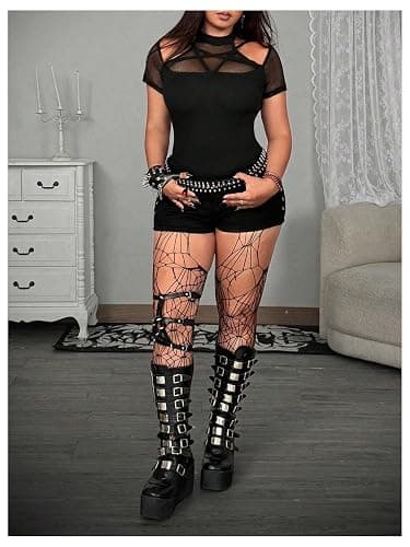 SHENHE Women's Plus Size Fishnet T Shirts Cutout Short Sleeve Punk Tees | Grunge, Clubwear Concert Outfit,Halter Neck,Streetwear Tops thumbnail 5