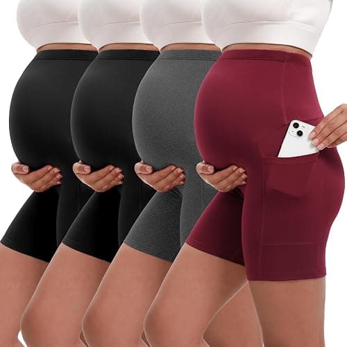 Siimcuzy 4 Pack Women's Maternity Shorts with Pockets Over the Belly | 5 Inch, Two Side Pockets, Belly Support, Biker, Pregnancy, Summer, Yoga, Workout, Athletic, Active, Gym, Soft, Shorts - Image 1