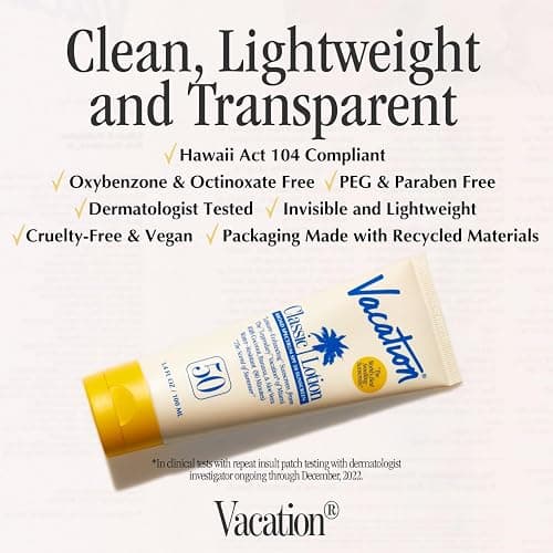 Vacation Classic Sunscreen Lotion SPF 50 & Air Freshener Bundle, Water-Resistant, Lightweight, Transparent on All Skin Tones, Dermatologist-Tested, Vegan, Travel Size, 3.4 Fl. Oz. thumbnail 4
