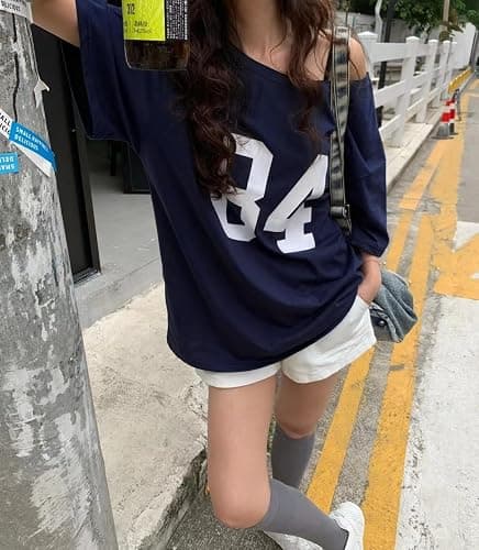 Pinclodly Off The Shoulder Tops for Women Short Sleeve Y2K Jersey Number Graphic Oversized Tshirts E-Girl Tees thumbnail 3