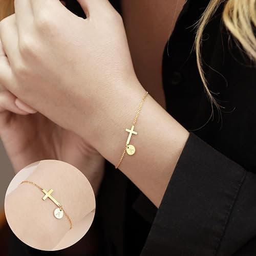 Sotcking Stuffers for Teens, Cross Bracelet for Women Dainty Cross Bracelet with Initials Link Chain Bracelets Christian Gifts for Women Teens Easter Baptism Religious Jewelry thumbnail 6