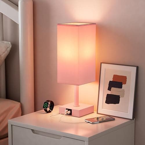 Ambimall Touch Control Table Lamp with USB A+C Charging Ports - 3 Way Touch Lamps Bedside, Nightstand Lamp for Bedrooms, LED Bulb Included(Pink Shade & Pink Base) thumbnail 5