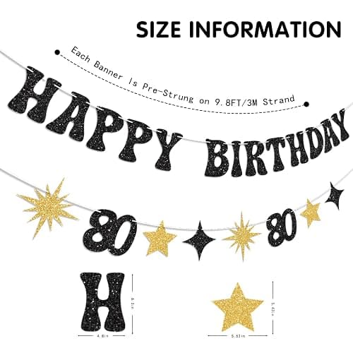 Vofrise Black Gold Happy 80th Birthday Banner Pre-Strung 80th Birthday Decorations for Women Men Glitter Star Cheers to 80 Years Old Birthday Decorations Eighty Bday Party Supplies thumbnail 3